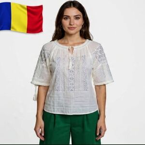 M🌺Romanian Traditional White&Silver Handmade Embellished Tie Front Blouse